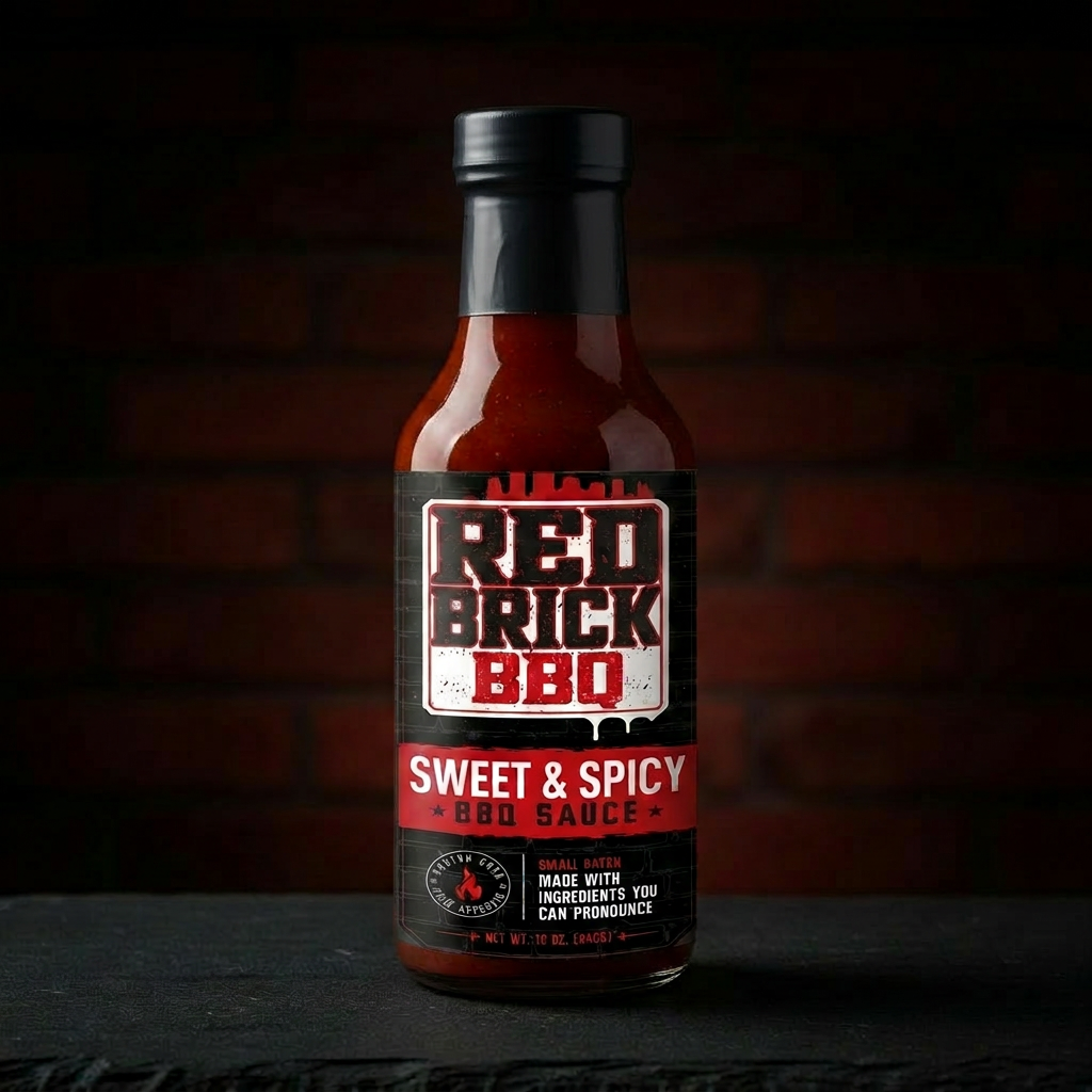 Bottle of Red Brick Sweet & Spicy BBQ sauce on dark slate with brick backdrop