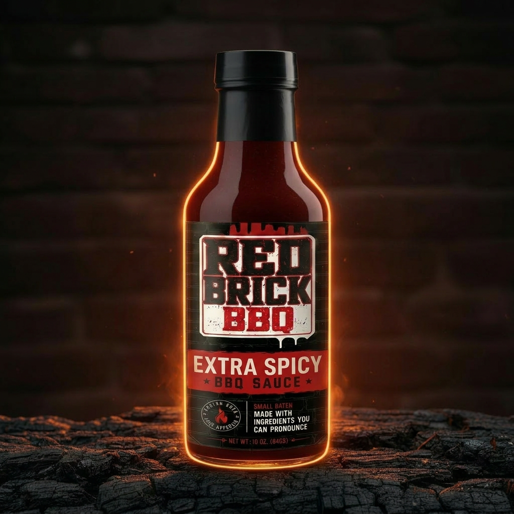Bottle of Red Brick Extra Spicy BBQ sauce glowing on charred wood