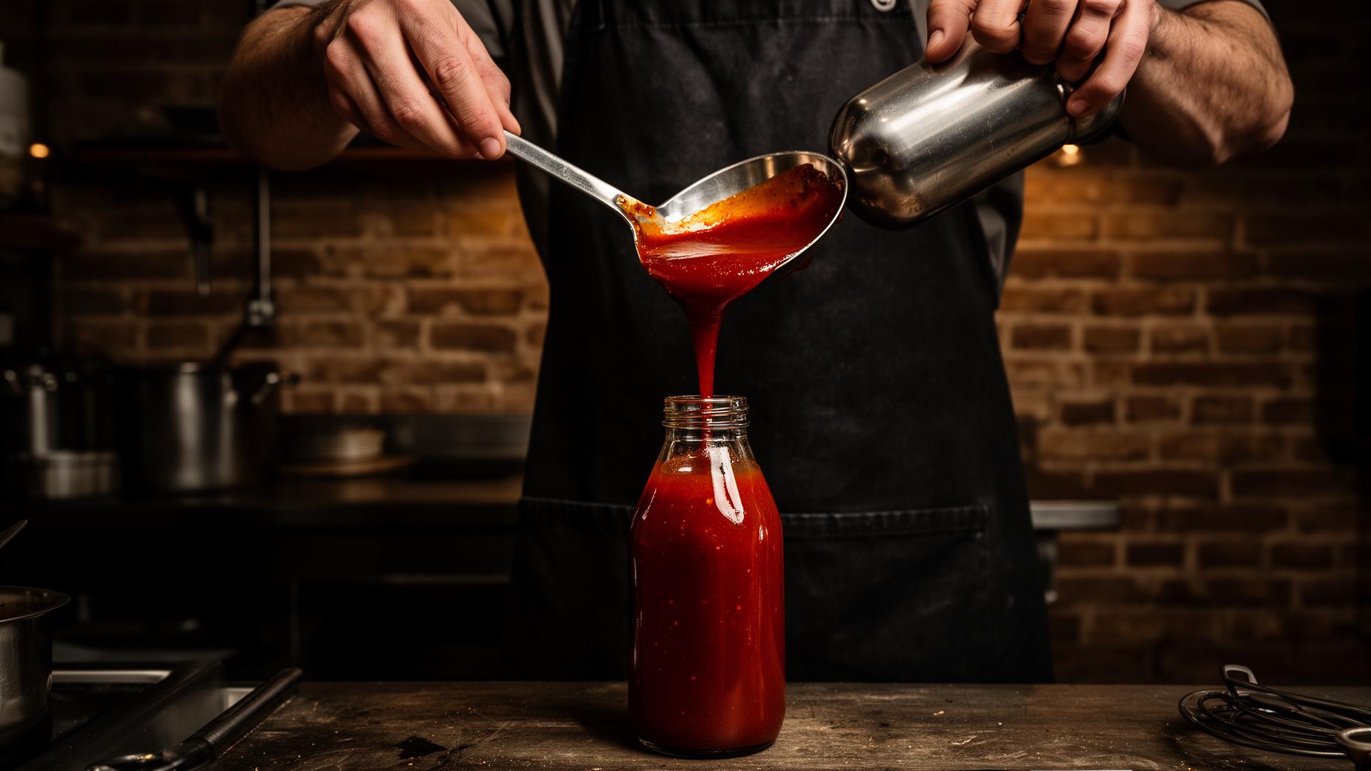 Sauce being poured into a bottle by hand