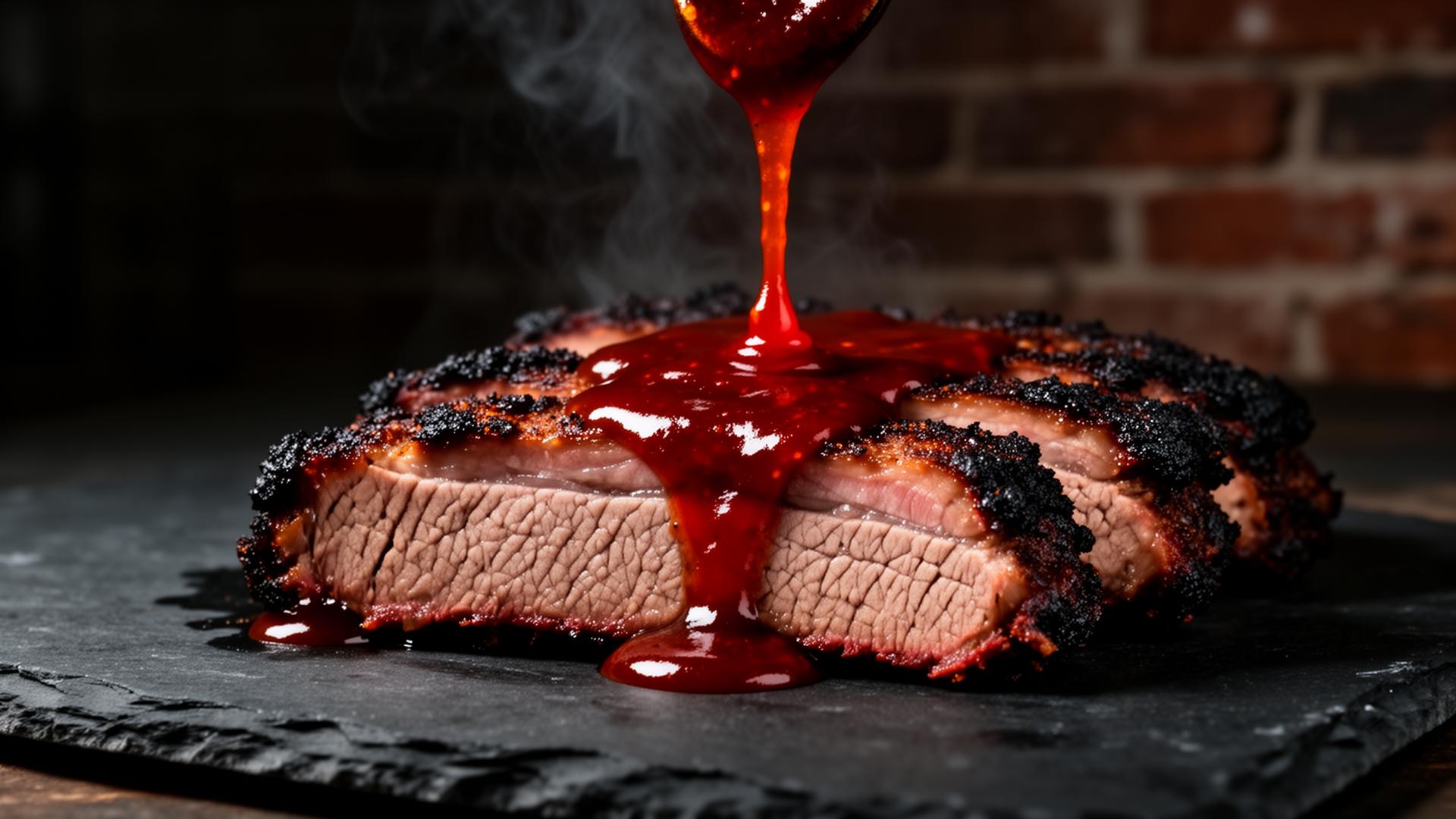 Red Brick BBQ sauce drizzled over charred brisket